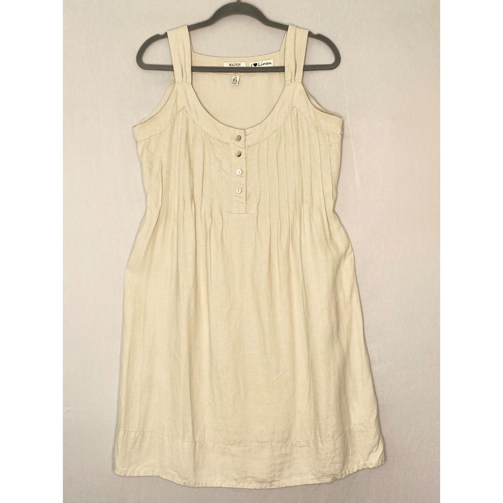 💎Malvin Hamburg Germany  Womens Beige Linen Sheath Pintuck Dress Size Medium